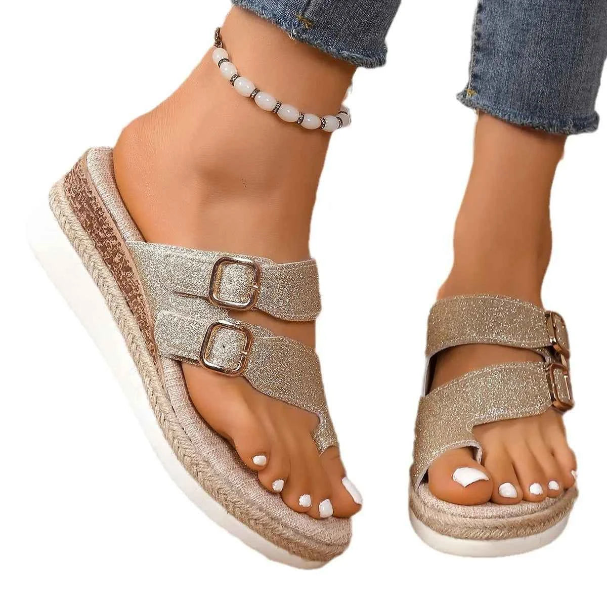 Women's Double Buckle Mid Wedge Sandals Boho Open Toe Silver Black Gold US 5-11