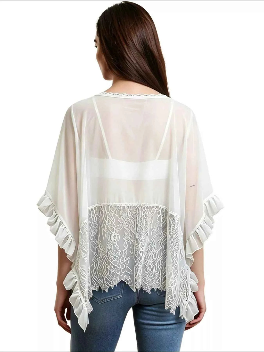 Women's Sheer Lace Trim Ruffle Flowy Short Sleeve Cover-Up Black White S-XL