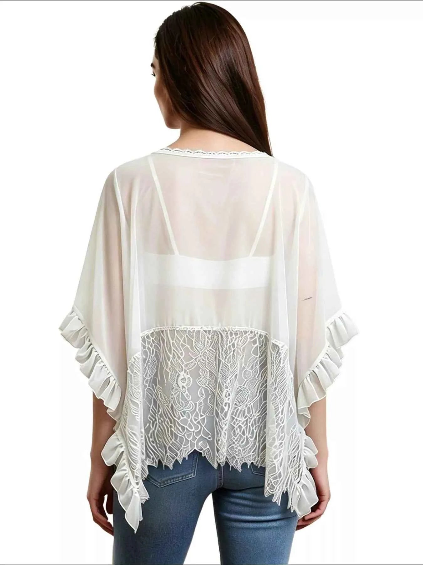 Women's Sheer Lace Trim Ruffle Flowy Short Sleeve Cover-Up Black White S-XL