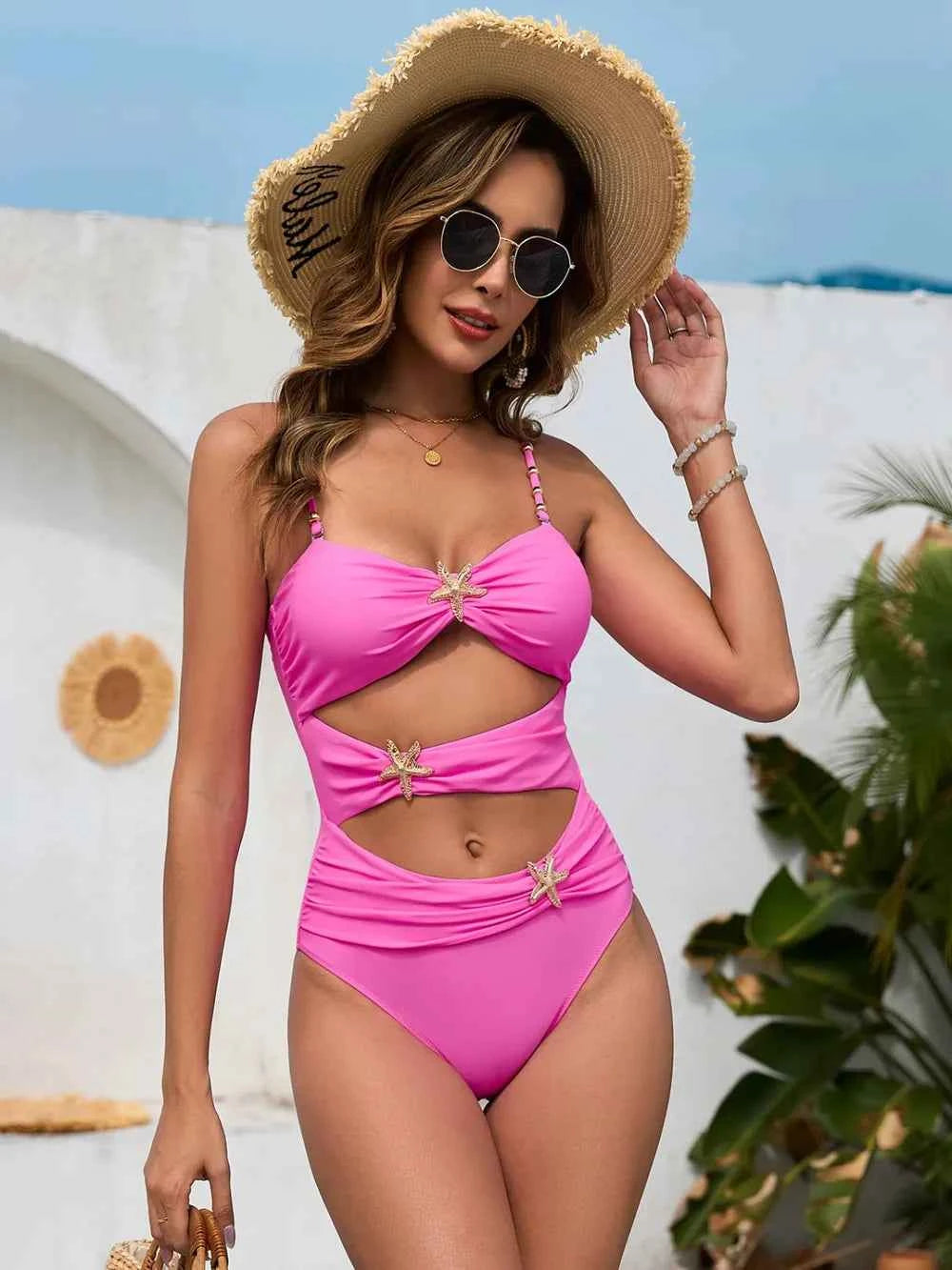 Women's Cutout Spaghetti Strap One-Piece Swimsuit Padded Multi Colors S-2XL Fuchsia Pink
