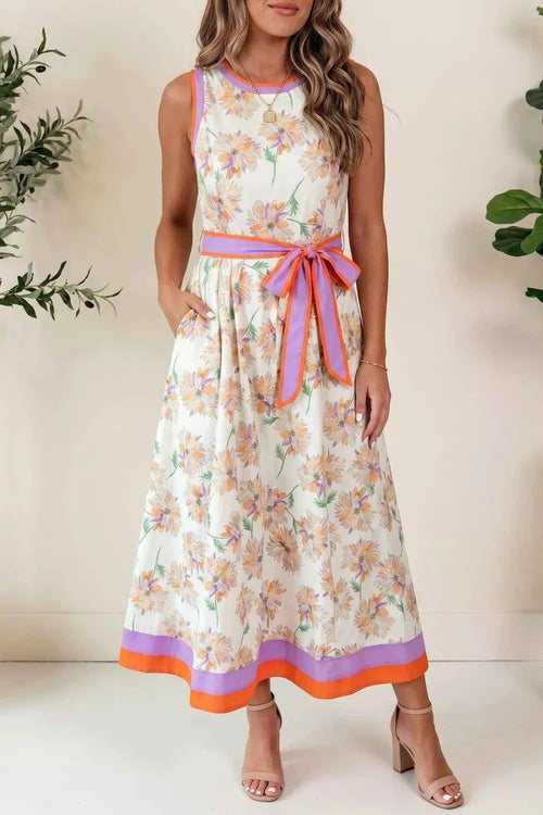 Floral Print Color Block Trim Belted Sleeveless Dress Floral