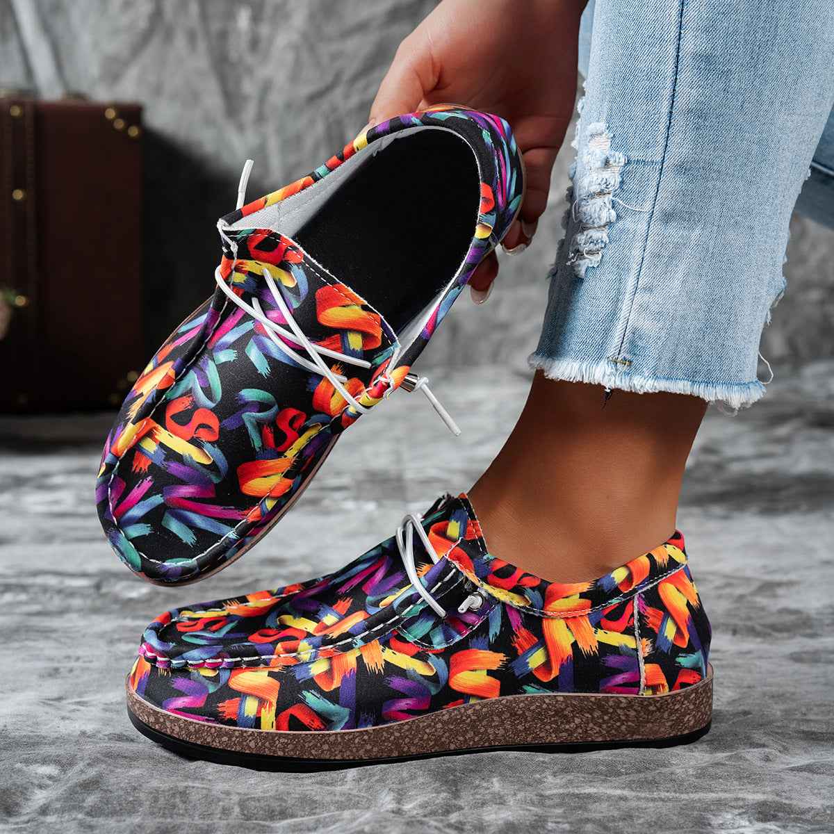 Women's Colorful Abstract Print Casual Loafers Slip-On Flat Shoes 5-11 EU 36-43 Black