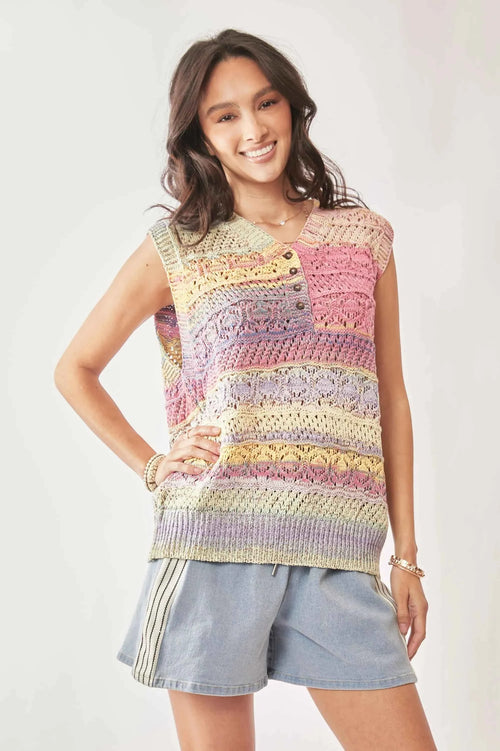 Davi & Dani Multi Color Crochet Sleeveless Knit Vest Top PASTEL MULTI M L