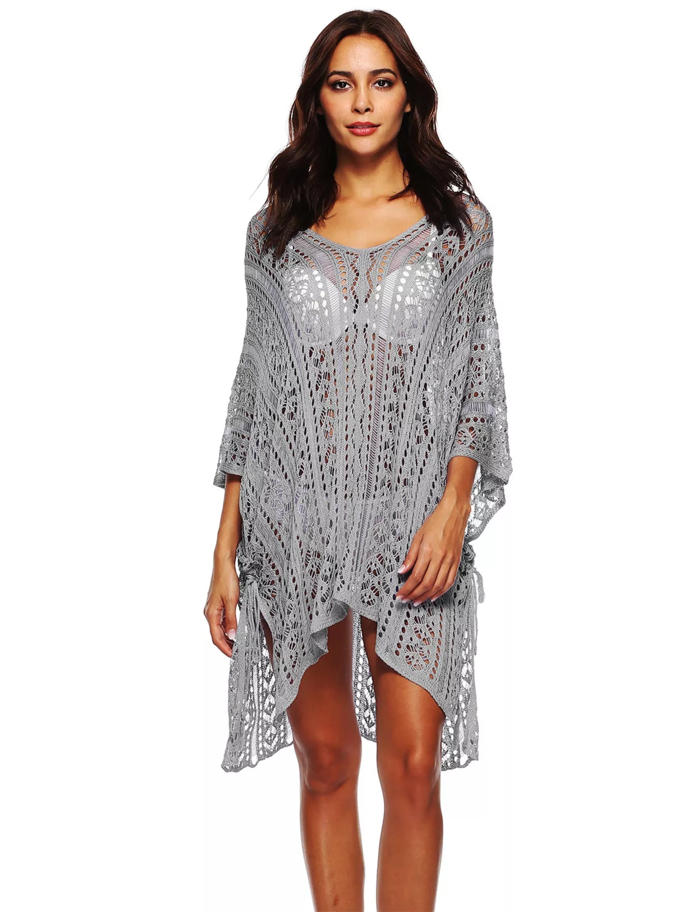 Women's Crochet Knit V-Neck Slit Cutout Beach Cover-Up Multi Colors One Size Gray One Size