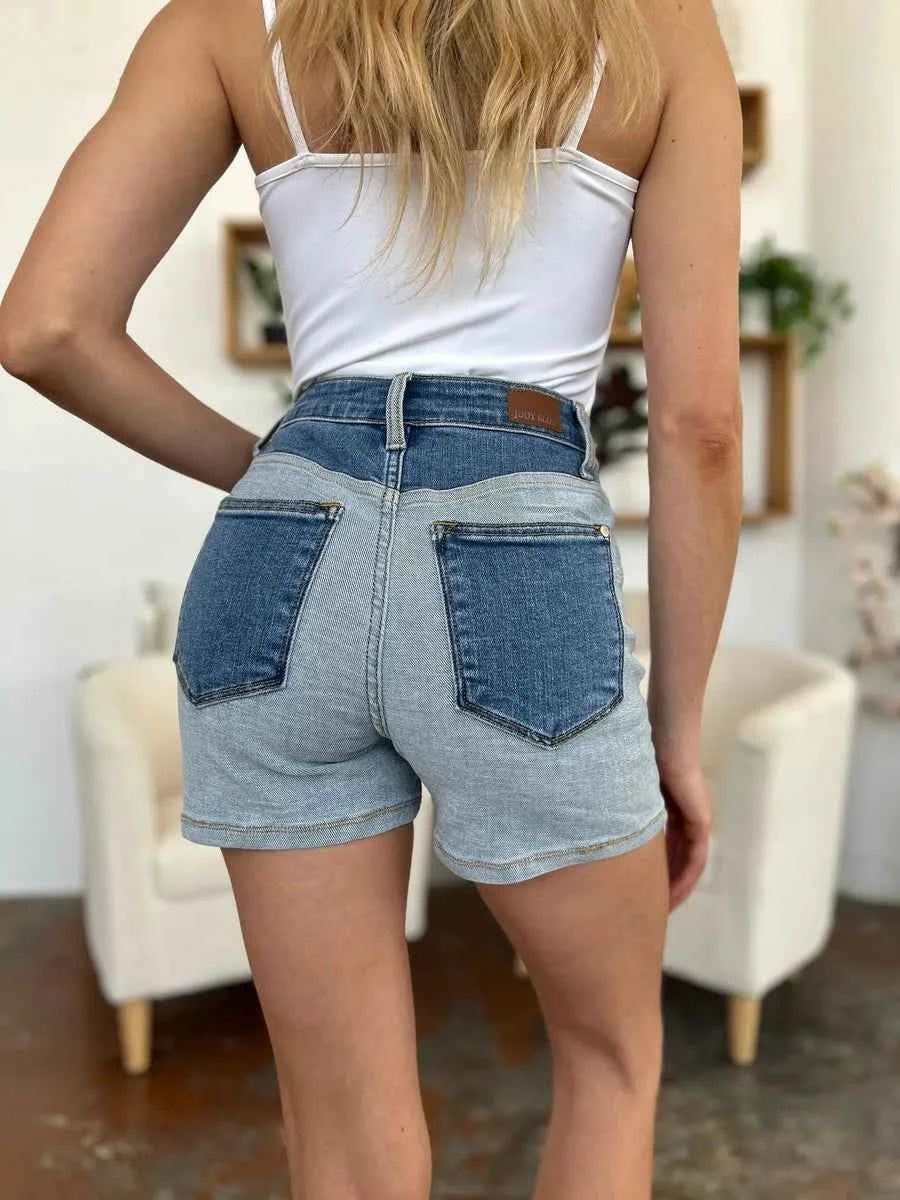 Women's Judy Blue Color Block Denim Shorts Pockets Light Medium Wash S-3XL