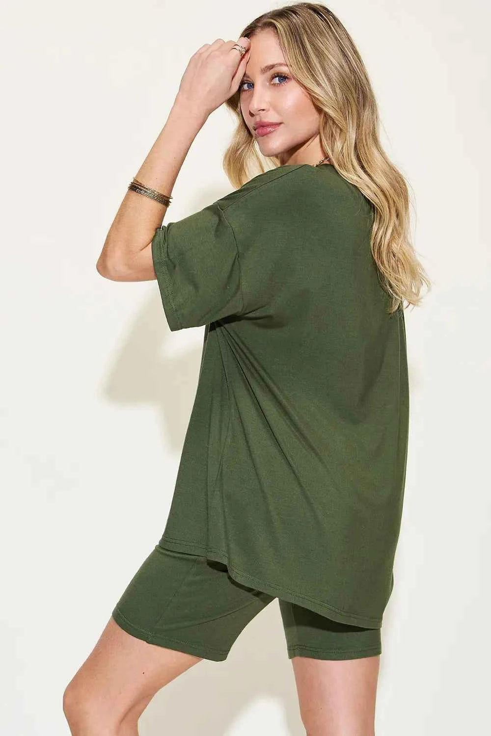 Women's Basic Bae V-Neck Drop Shoulder T-Shirt and Shorts Set Multi Colors S-3XL