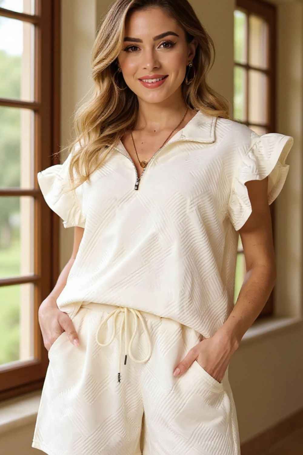 Double Take Women's Flounce Sleeve V-Neck Top Drawstring Shorts Set S-3XL White 3XL