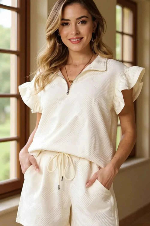 Double Take Women's Flounce Sleeve V-Neck Top Drawstring Shorts Set S-3XL