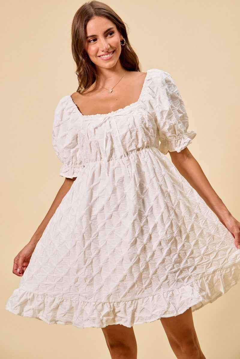 Women's SO ME Woven Ruched Bust Mini Dress Smocked Ruffle Off White S-XL OFF WHITE