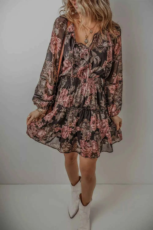 Floral Print Tie Neck Mini Dress Floral