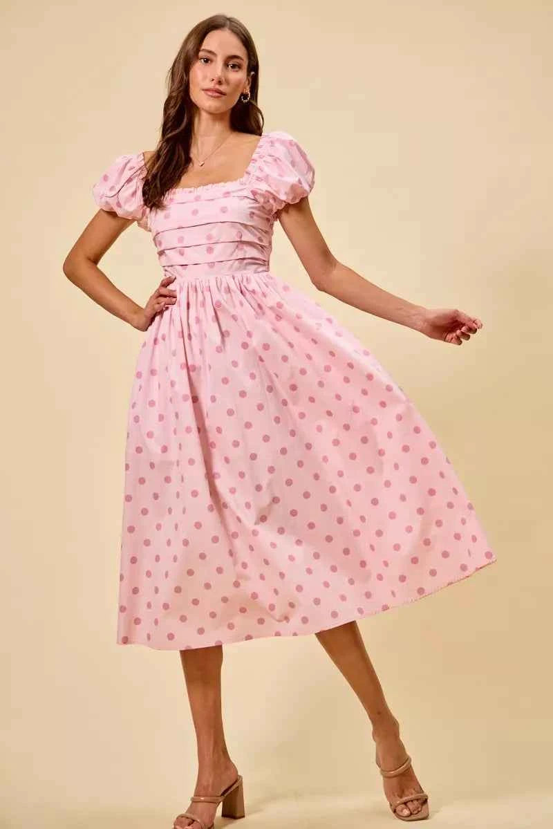 Women's Polka Dot Cotton Midi Dress Short Sleeve Pockets Smocked Pink S-XL