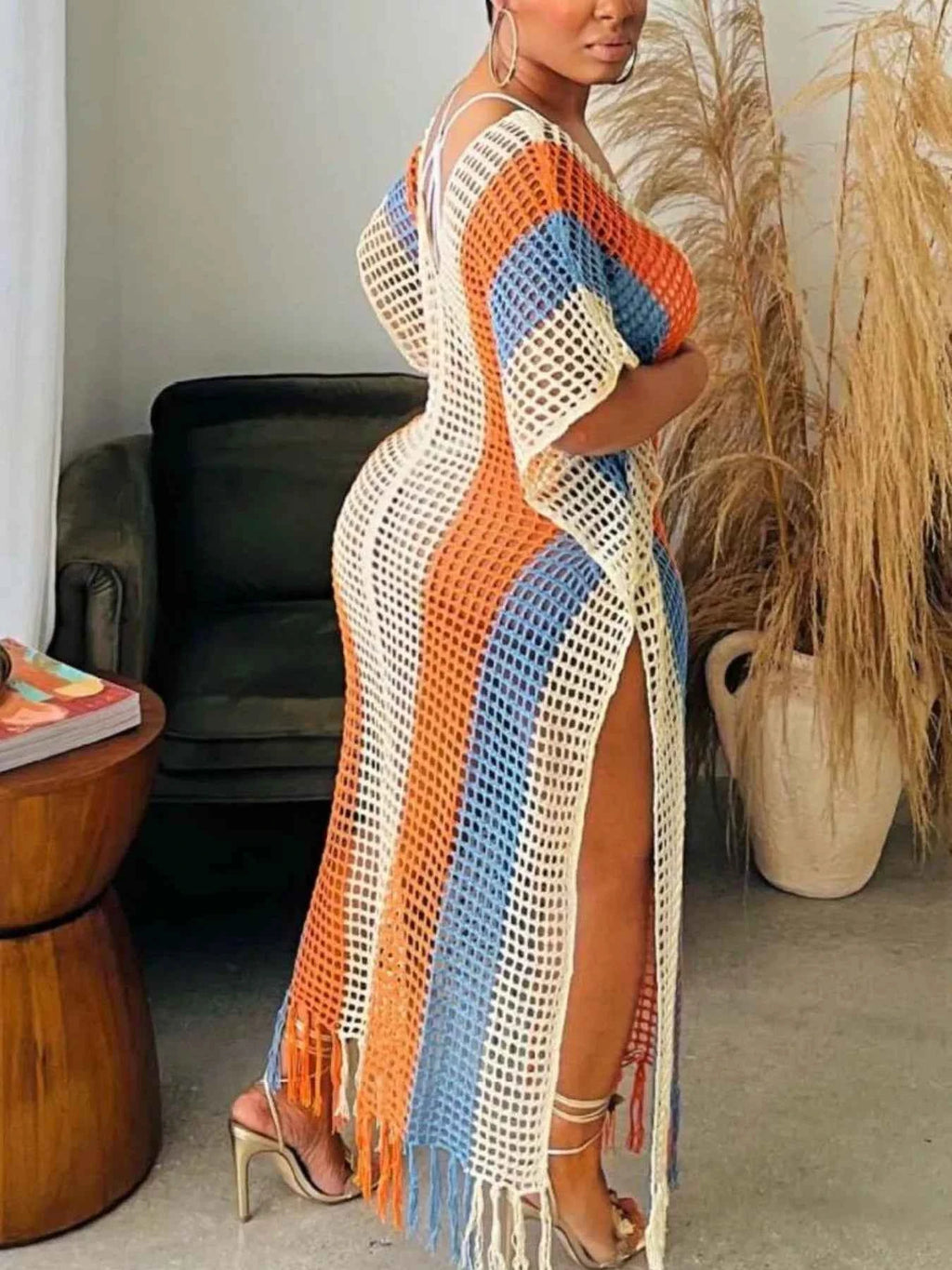 Women's Striped Crochet Fringe Split Openwork Maxi Cover-Up Dress Sherbet S-2XL