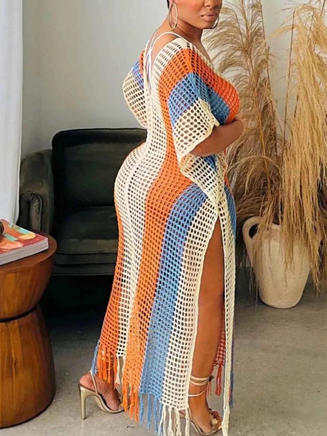 Women's Striped Crochet Fringe Split Openwork Maxi Cover-Up Dress Sherbet S-2XL