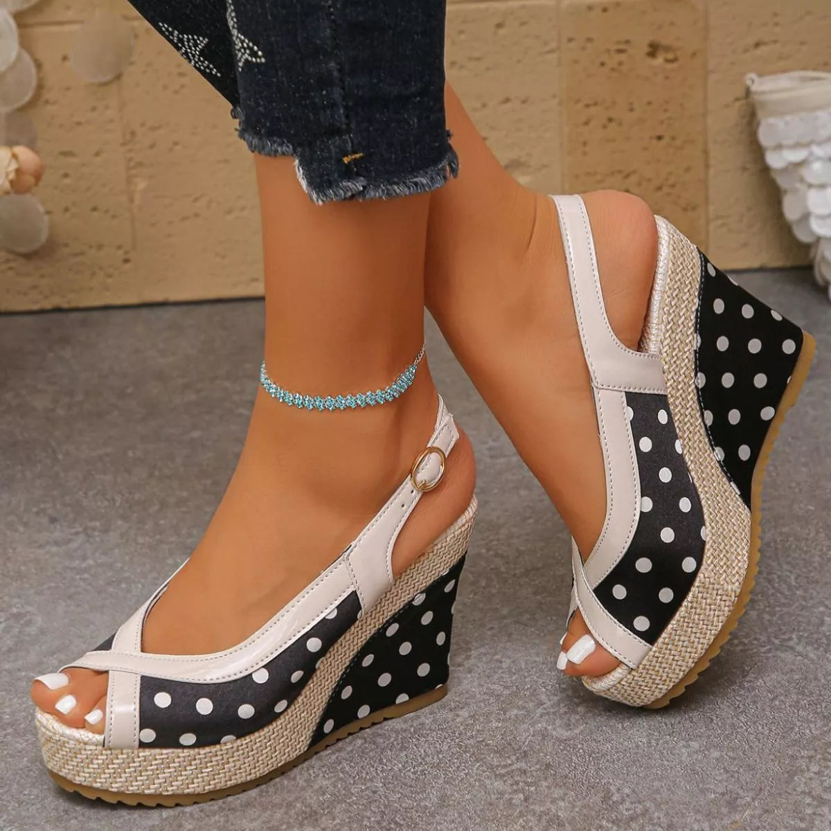 Women's Polka Dot Peep Toe Wedge High Heel Sandals Coffee Black Red EU 36-43