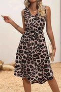 Women's Leopard Print V-Neck Sleeveless Midi Dress Tie Button Boho Beach Leopard S-XL Leopard