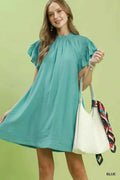 Umgee Women's Smocked Ruffle Flutter Sleeve A-Line Dress Pockets Mint S-L MINT BLUE