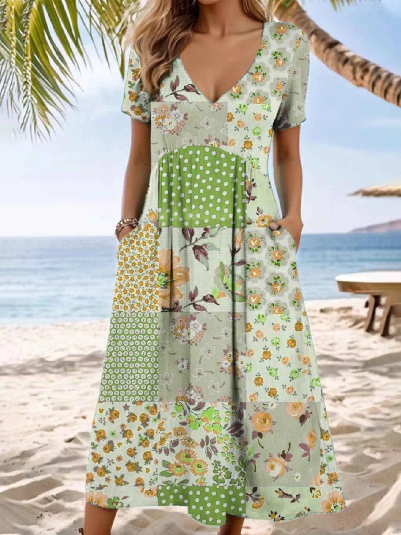 Full Size Floral V-Neck Casual Midi Dress Plus Size Light Green