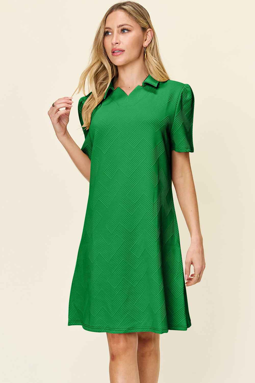 Double Take Women's Texture Collared Neck Short Sleeve Dress S-3XL Mid Green