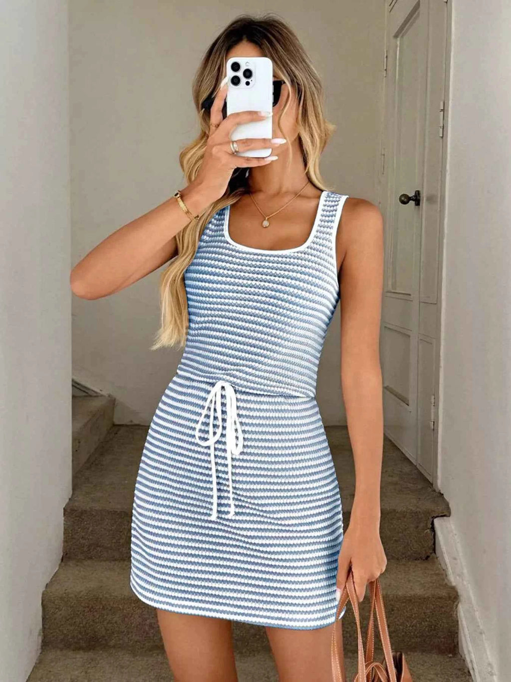 Striped Knitted Mini Dress with Drawstring