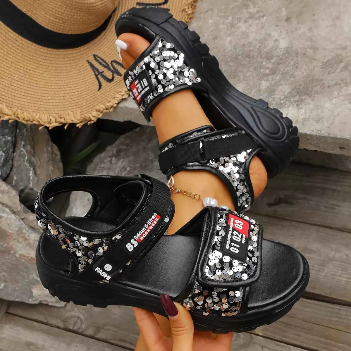 Women's Sequin Open Toe Platform Flat Sandals Slip-On Black White EU 35-42