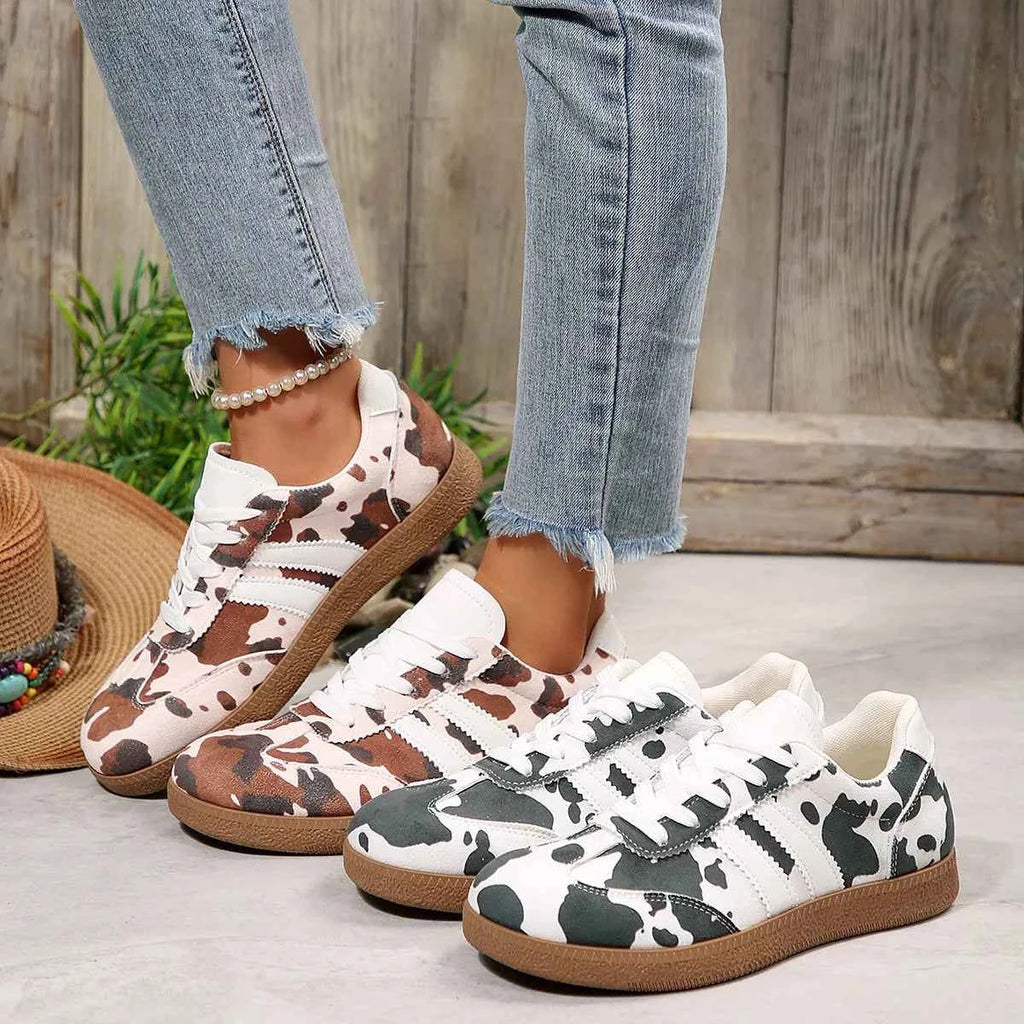 Women's Cow Print Casual Flat Sneakers PU Leather Black Brown US 5-11