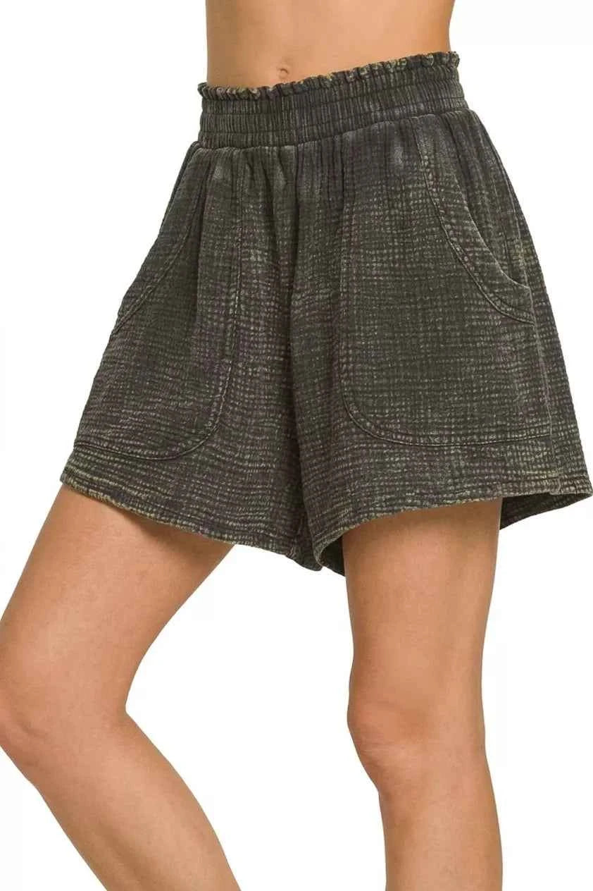 Women's Zenana Washed Double Gauze Shorts Pockets Relaxed Fit Ash Black S-L