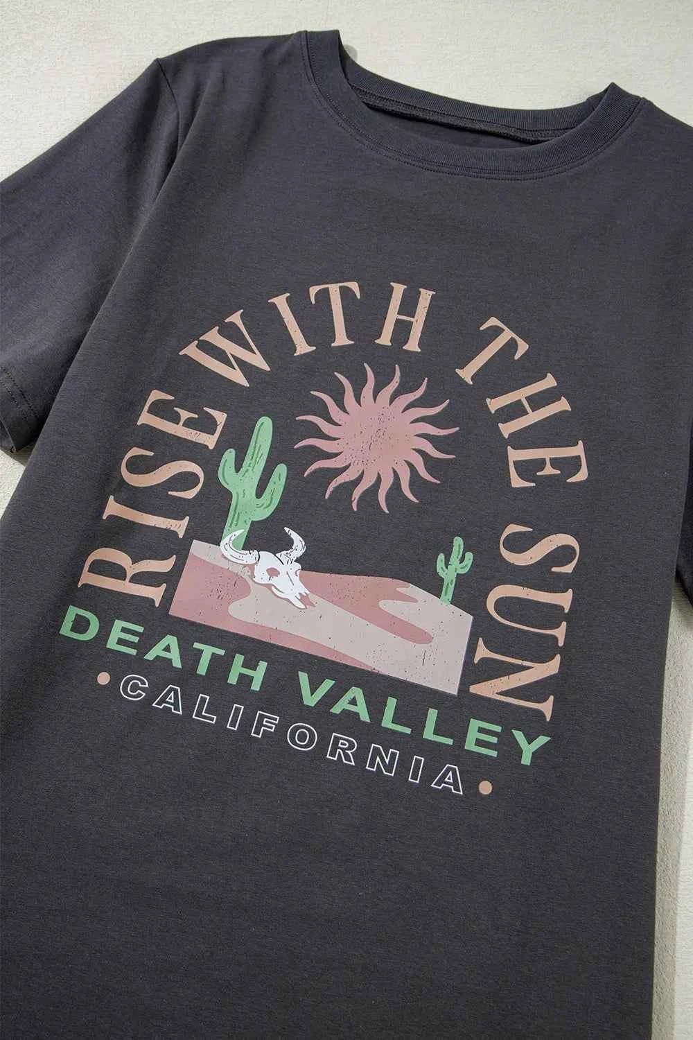 Women's RISE WITH THE SUN Graphic Round Neck Short Sleeve Tee Dark Gray S-XL