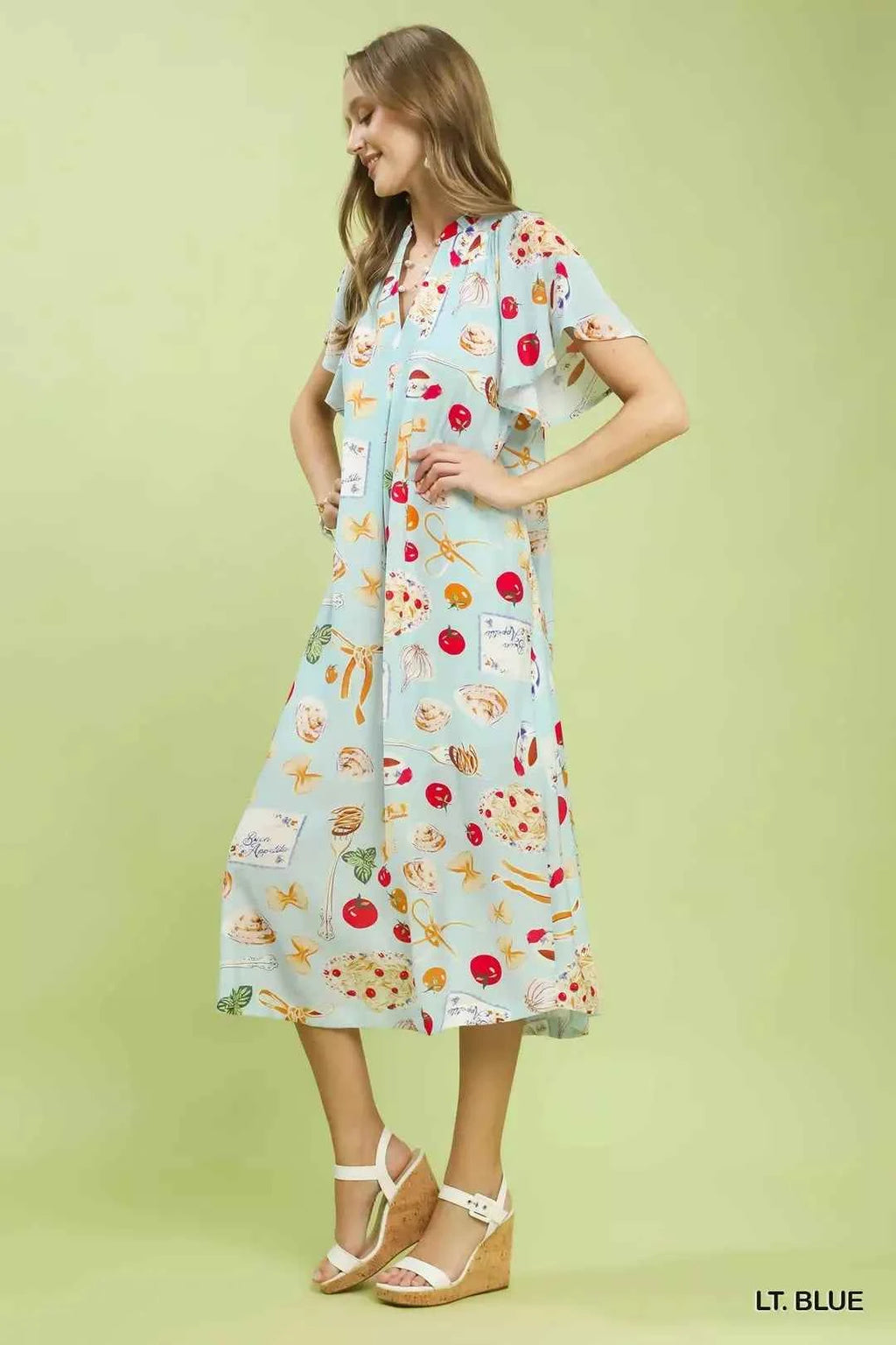 Women's Umgee Abstract Print Flutter Sleeve Midi Dress Light Blue S-L