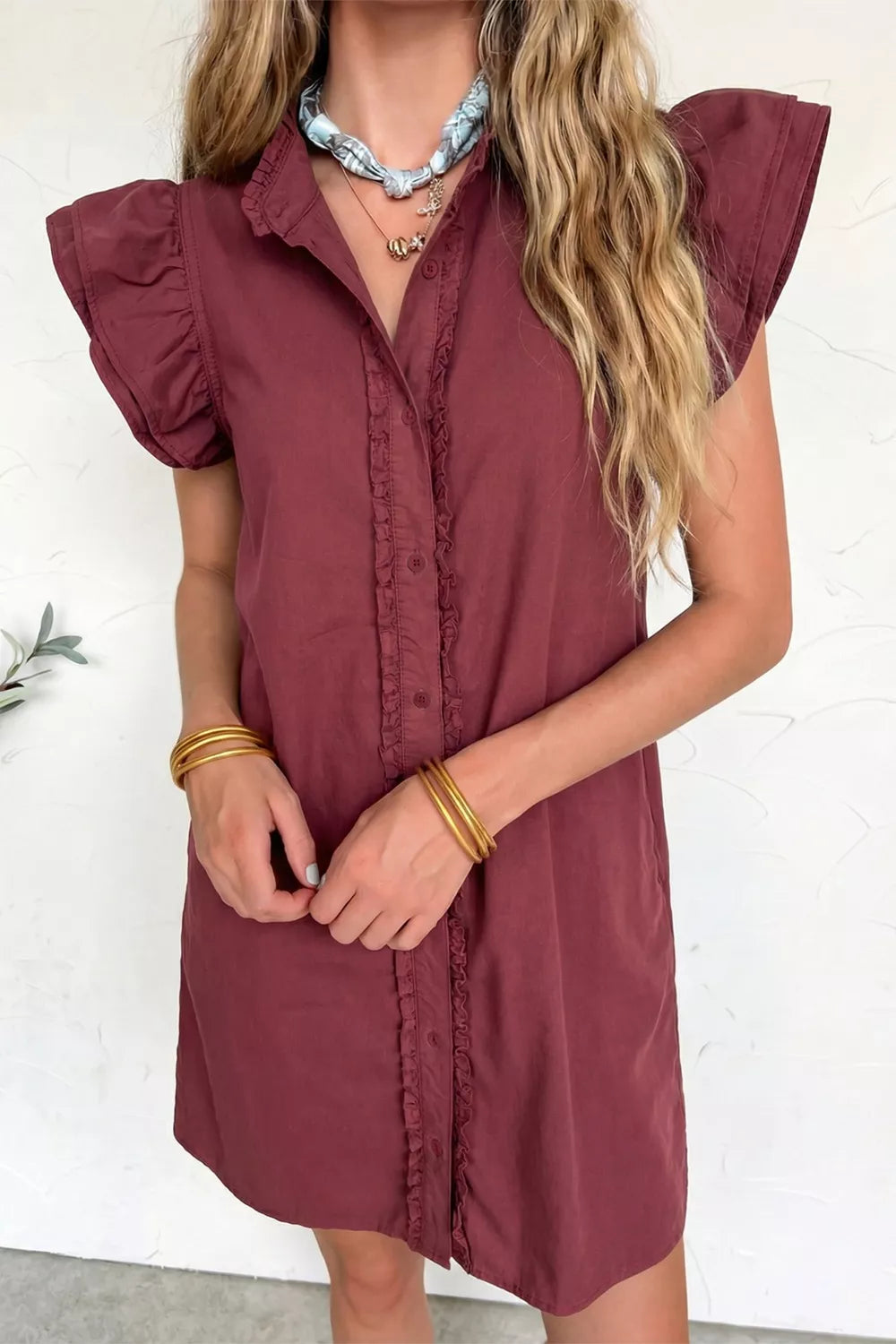 Women's Ruffle Button-Down Denim Mini Dress – Frilled Short Sleeve