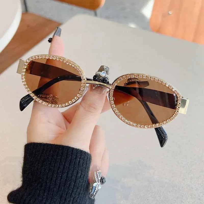 Women's Rhinestone Oval Sunglasses UV400 Glamour Coastal Gold Silver One Size