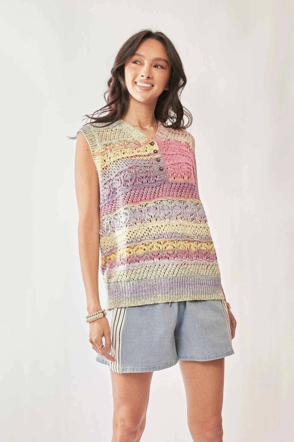 Davi & Dani Women's Pastel Multicolor Crochet Knit Sleeveless Vest Top M/L