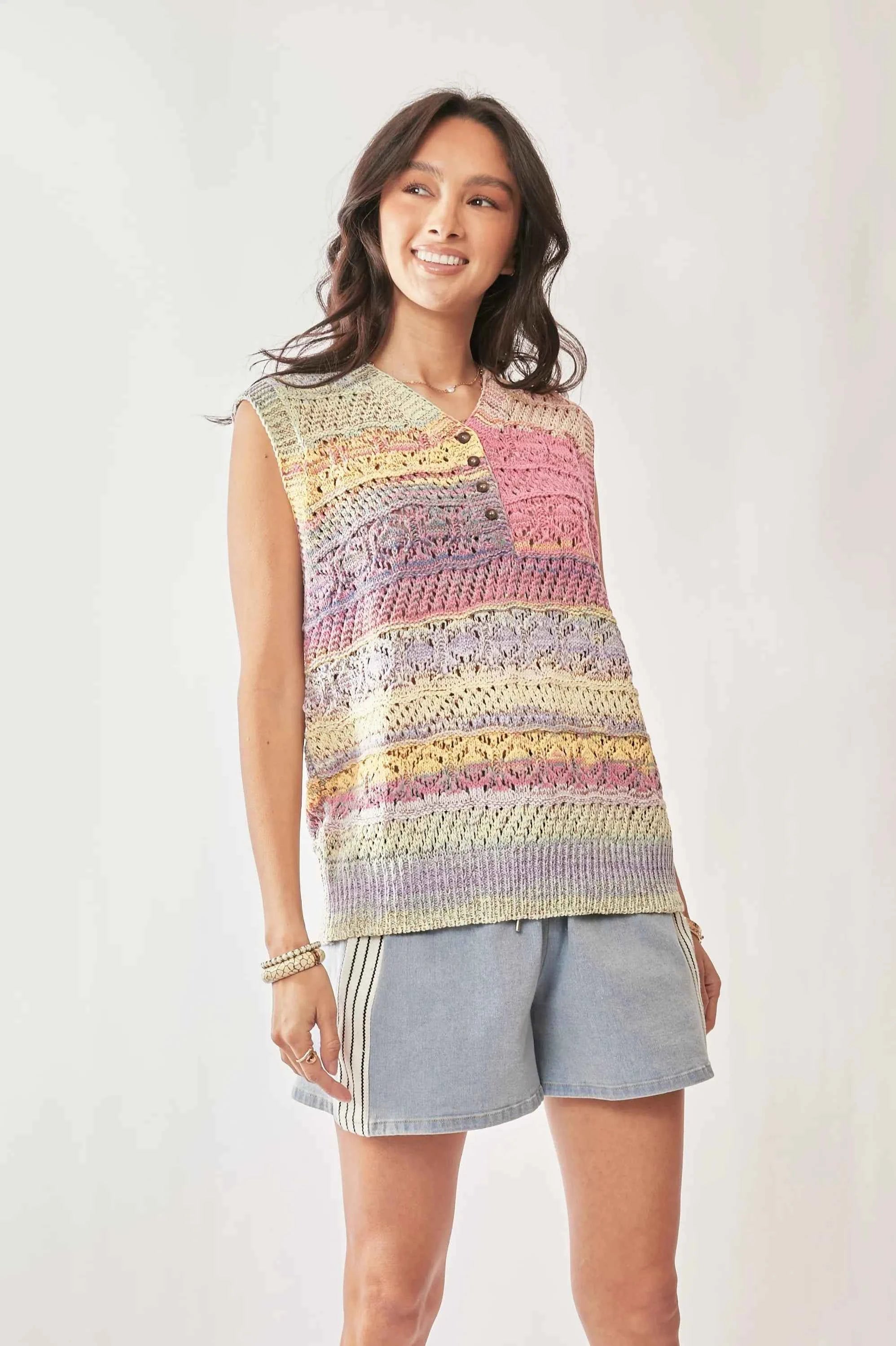 Davi & Dani Women's Pastel Multicolor Crochet Knit Sleeveless Vest Top M/L