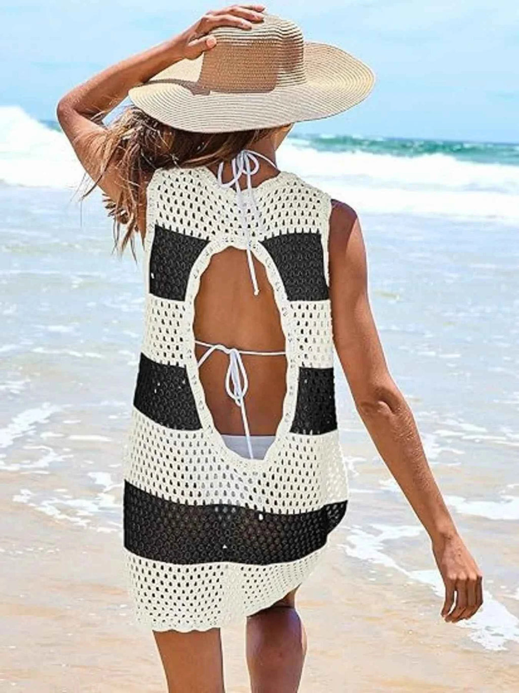 Women's Color Block Openwork Sleeveless Cutout Back Cover-Up Multi S-2XL