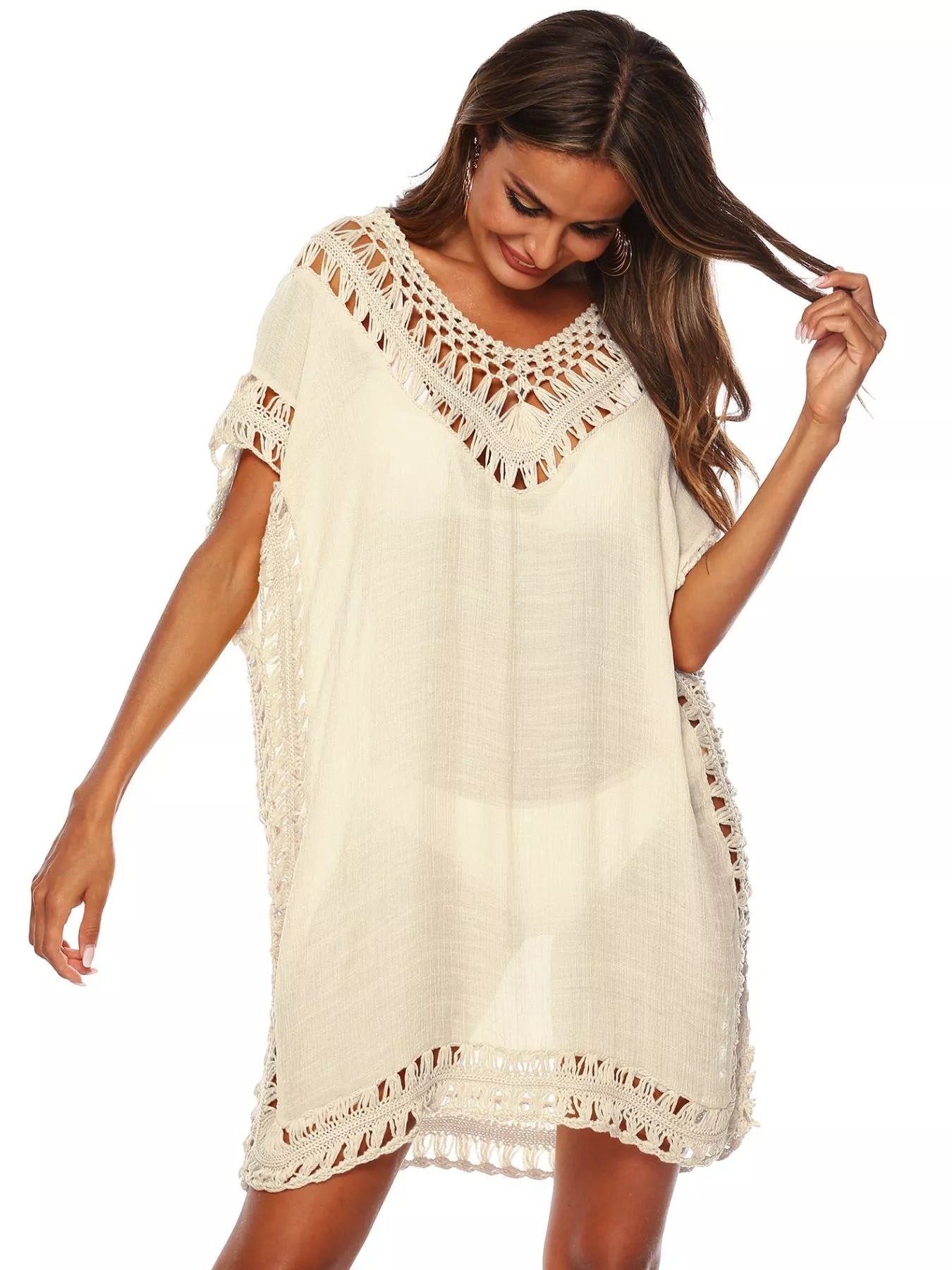 Crochet Trim Cutout V-Neck Cover-Up Dress Apricot One Size