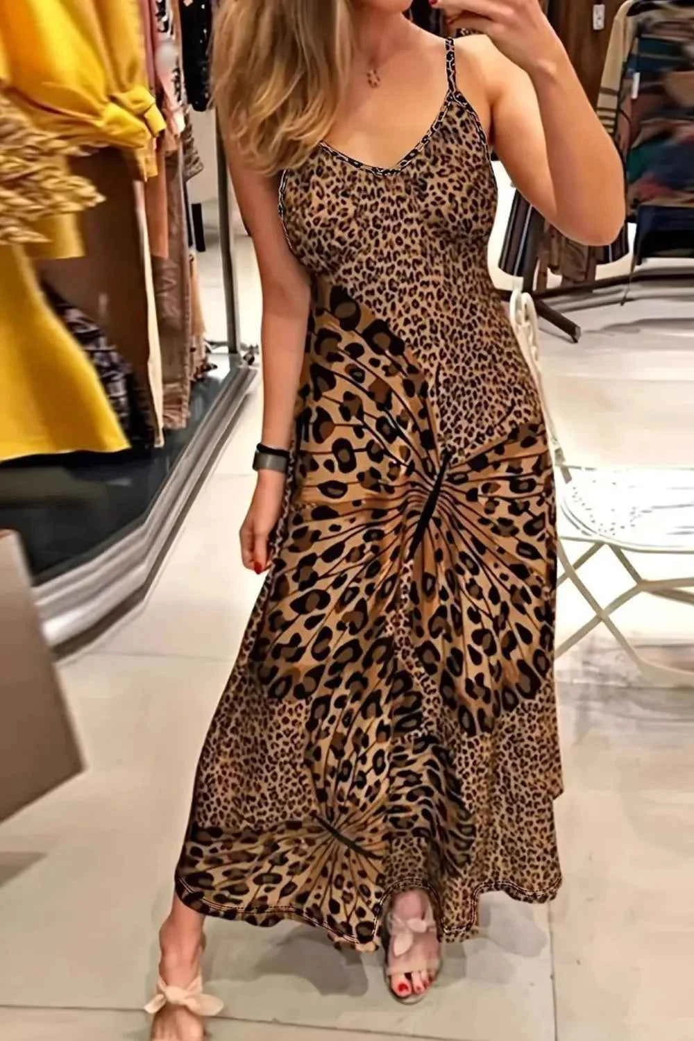 Women's Butterfly Leopard Print Maxi Cami Dress Boho Beach Resort Leopard S-2XL Leopard