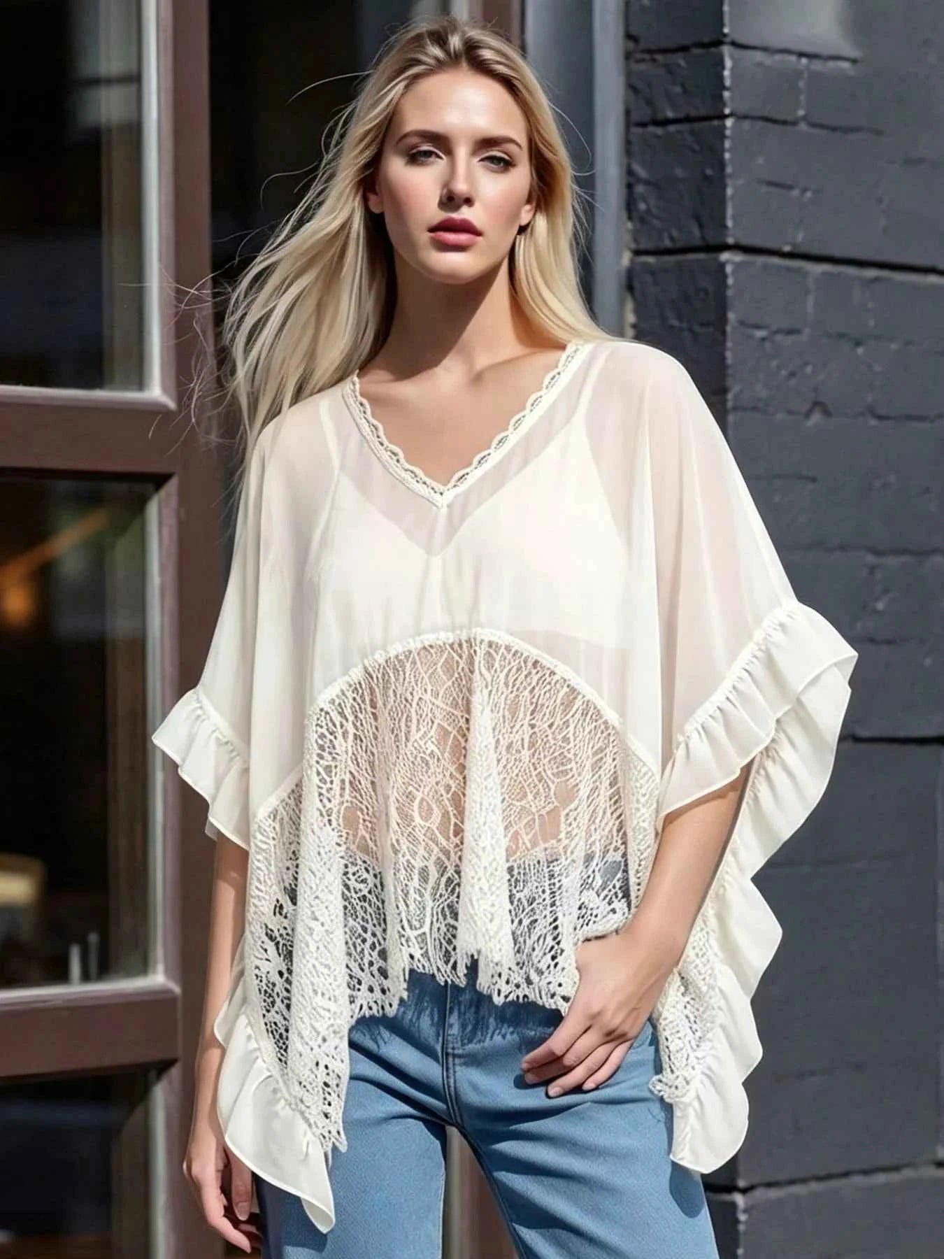 Women's Sheer Lace Trim Ruffle Flowy Short Sleeve Cover-Up Black White S-XL