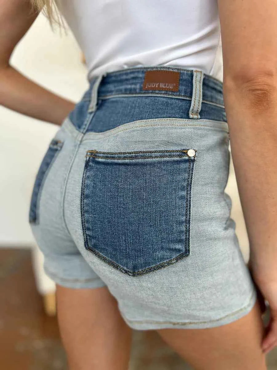 Women's Judy Blue Color Block Denim Shorts Pockets Light Medium Wash S-3XL