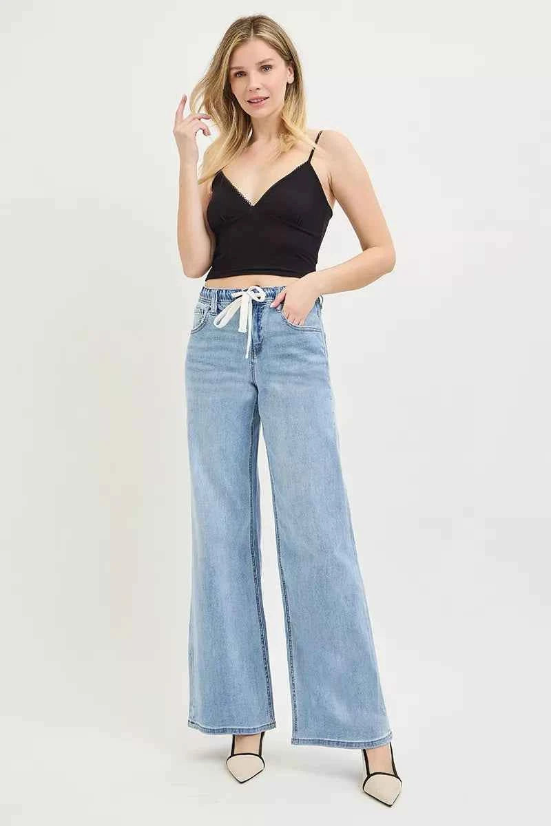 Women's RISEN Slouchy Wide Leg Jeans Elastic Drawstring Lite Blue 0-15