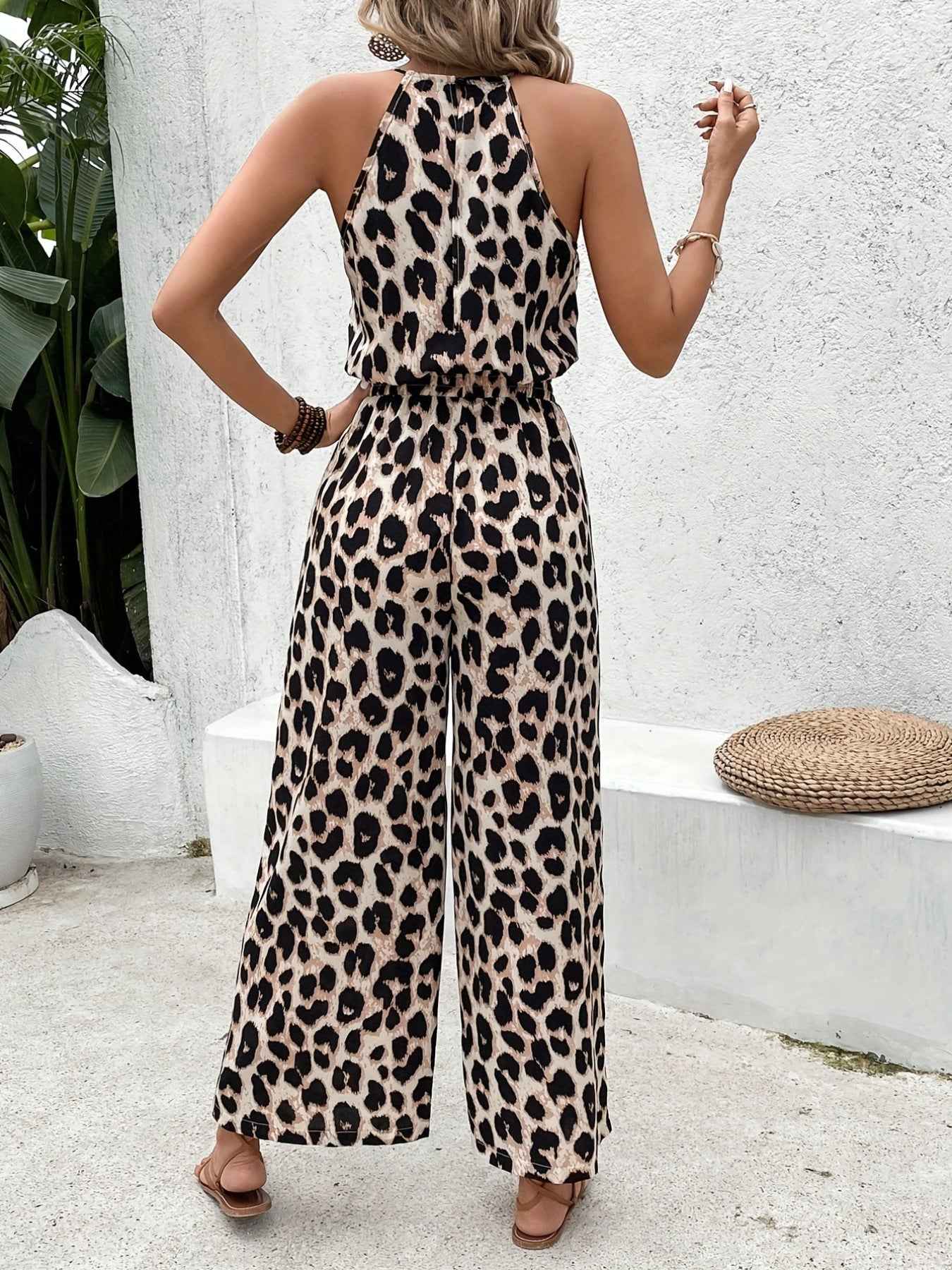 Women's Leopard Print Sleeveless Wide Leg Jumpsuit Pockets Leopard S-XL