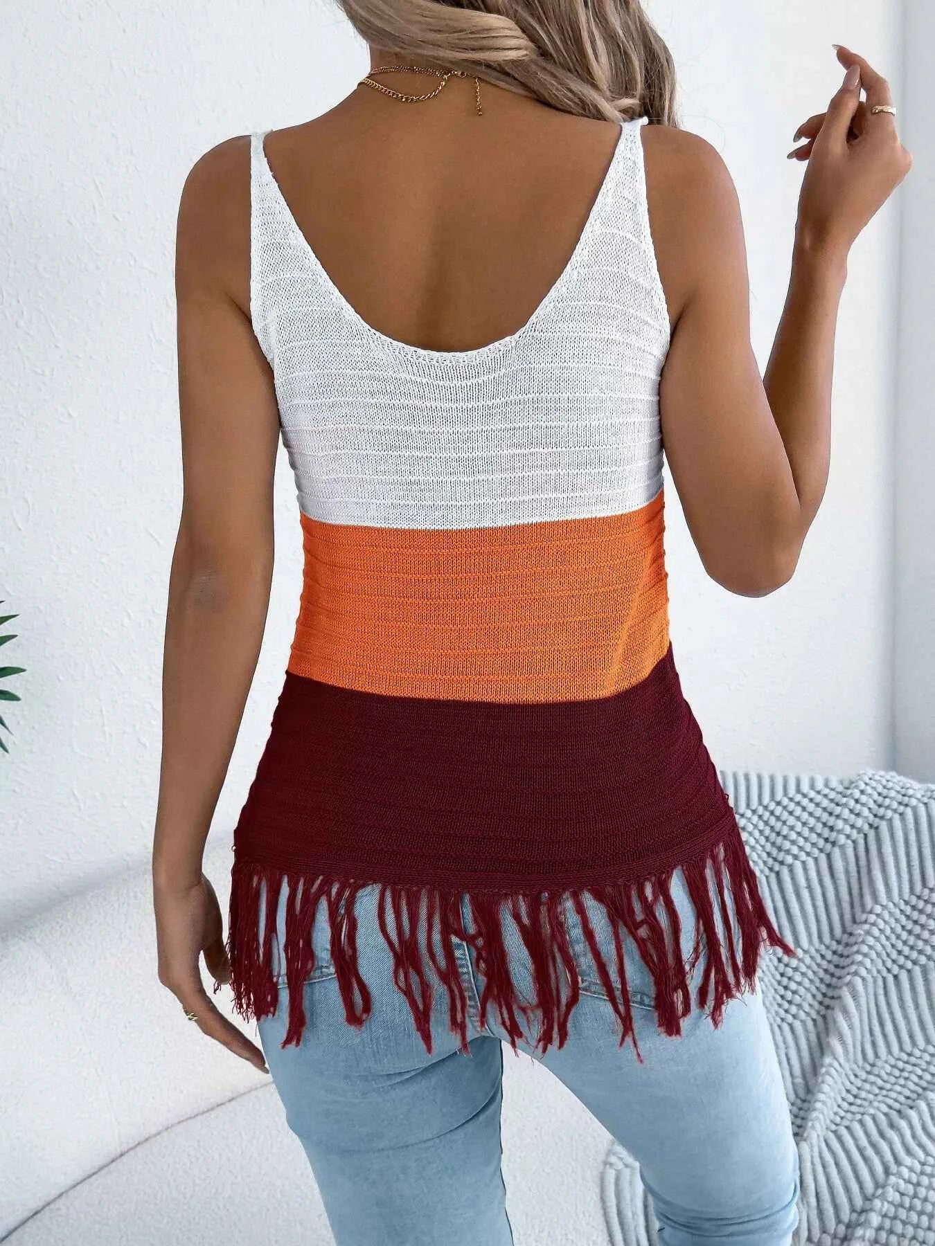 Women's Color Block Fringe Hem Knit Cami Sleeveless Top Multi Colors S-XL
