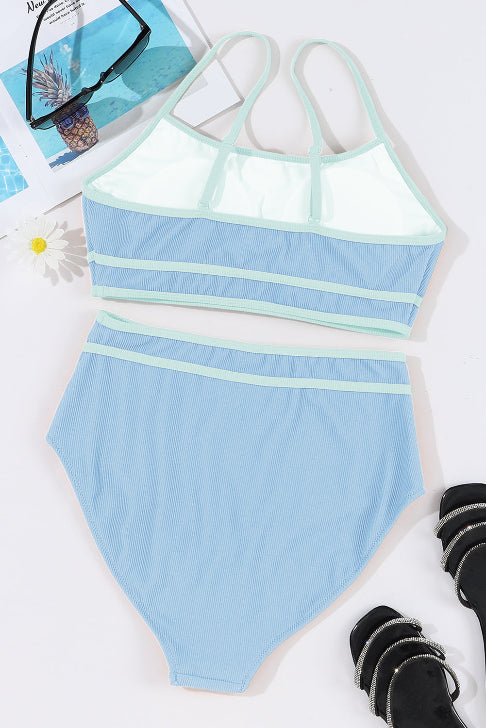 Women’s Beau Blue Ribbed Contrast Trim 2-Piece Bikini Set (Spaghetti Strap) Swimwear/High Waisted Swimsuit