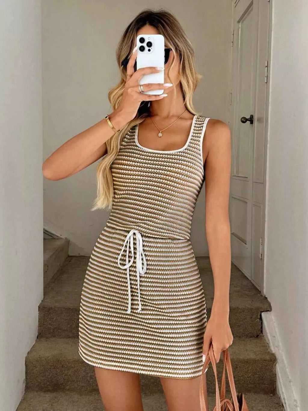 Striped Knitted Mini Dress with Drawstring