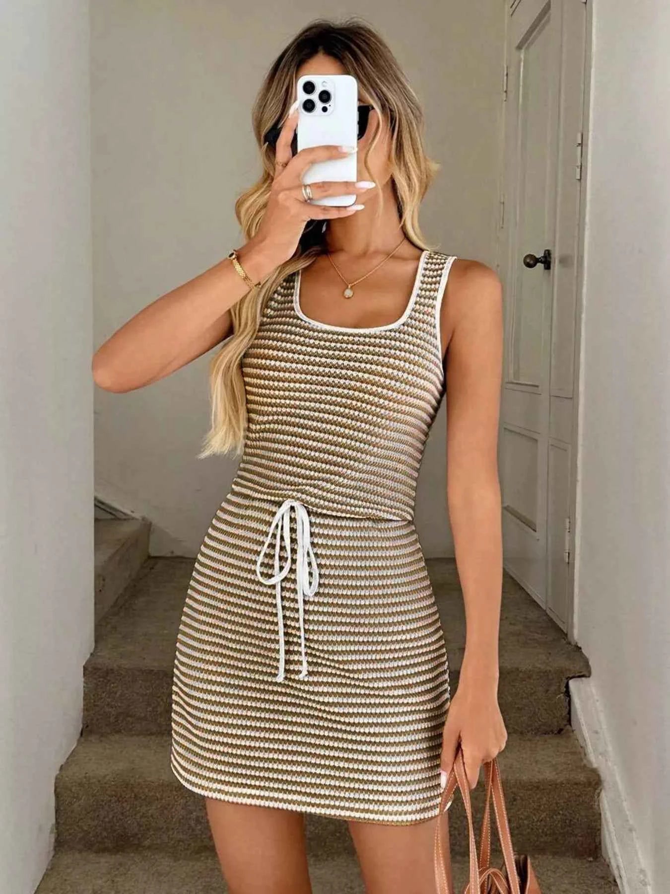 Striped Knitted Mini Dress with Drawstring