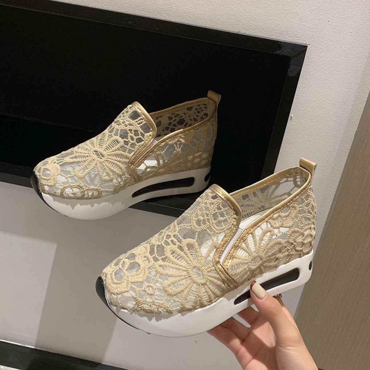 Women's Lace Breathable Mesh Platform Slip-On Shoes Multi Colors US 5-11 Khaki