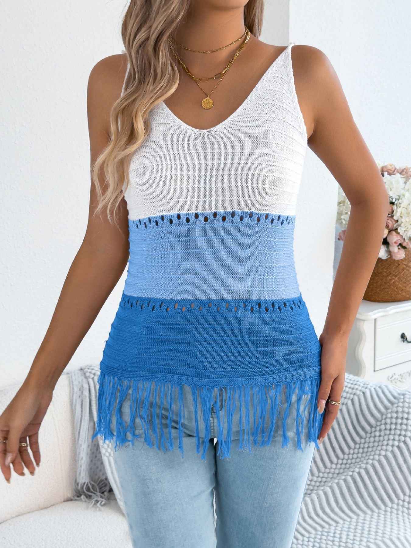 Women's Color Block Fringe Hem Knit Cami Sleeveless Top Multi Colors S-XL Blue