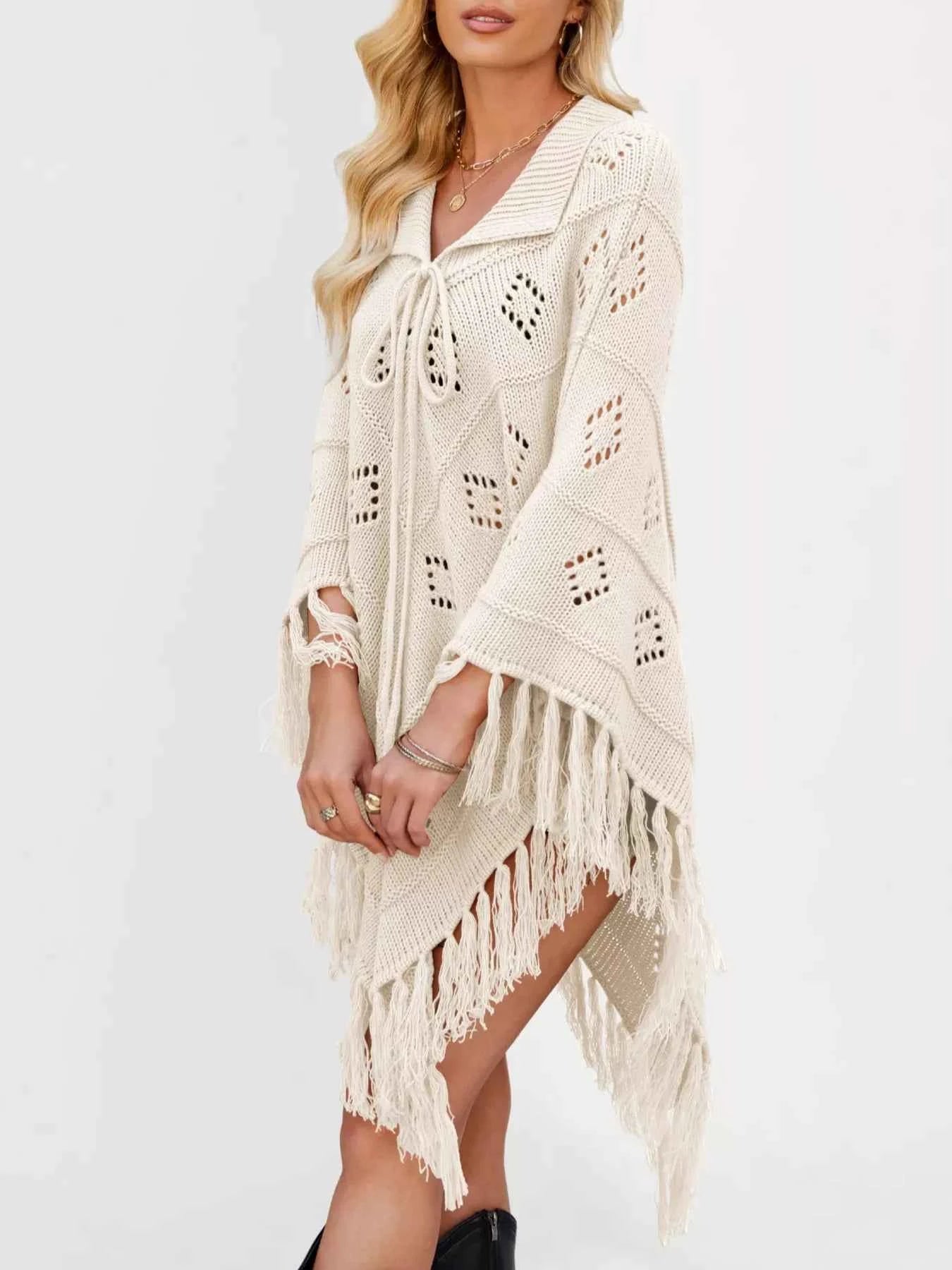 Women's Fringe Tassel Tie Openwork Knit Boho Beach Cover Up Multi Colors S-XL