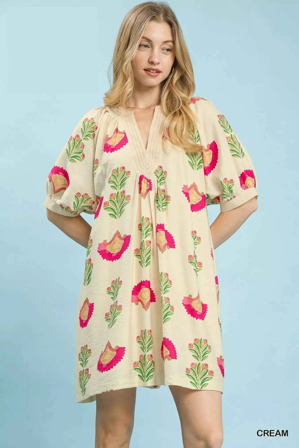 Umgee Women's Abstract Print Mini Dress Effortless Boho Style Cream S-L CREAM