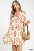 Women's Umgee Paisley Scallop Trim V-Neck Dress Lace Detail Red Beige Mix S-L RED BEIGE MIX