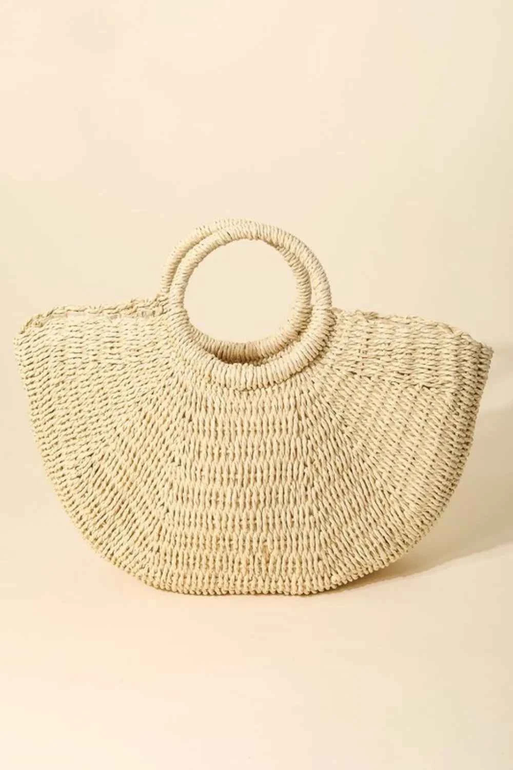 Women's Fame Accessories Half Moon Woven Straw Tote Bag Boho Ivory One Size