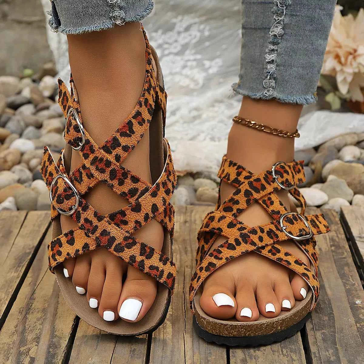 Women's Leopard Print Buckle Platform Low Heel Sandals Multi Colors EU 35-45